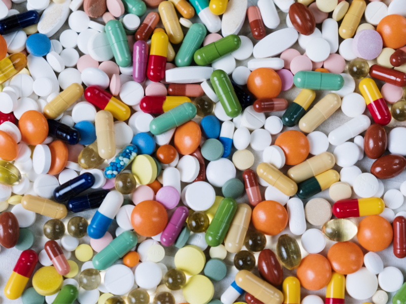 Array of colorful Prescription pills