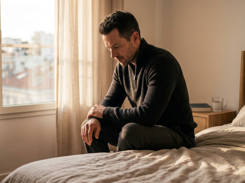 Man in his late 30s sitting thoughtfully on the edge of a bed in early morning light, reflecting on erectile dysfunction