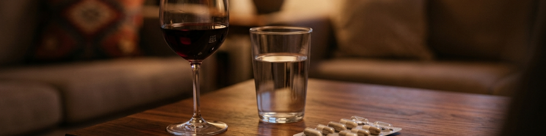 A glass of wine, a glass of water, and a blister pack of capsules on a table, representing what is actually safe when combining Herbal Mojo with alcohol