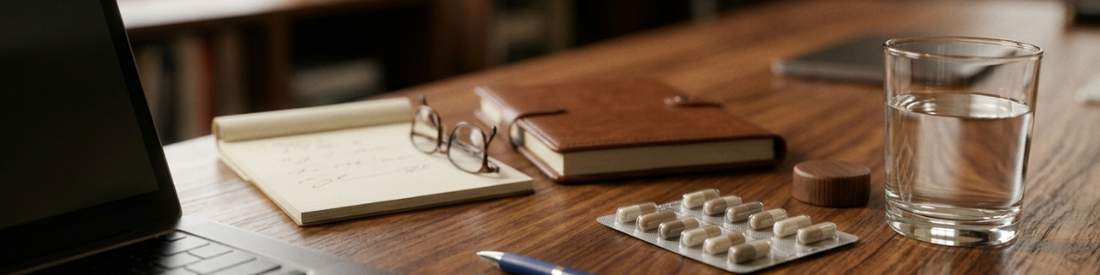 A blister pack of capsules and a glass of water on a wooden desk, representing planning ahead before a scheduled surgery