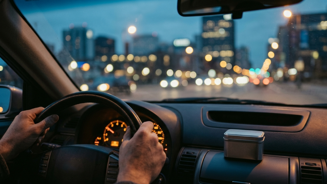 Driver's view inside a car at dusk with a small tin resting on the console, representing nicotine pouch use and its link to erectile dysfunction