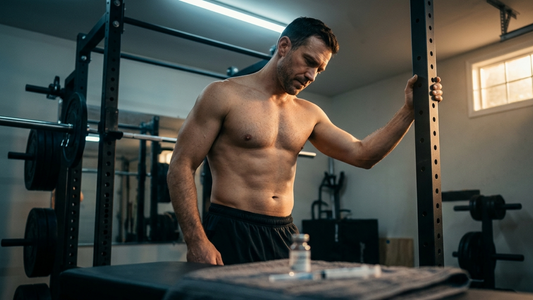 Muscular man in a home gym looking down at a vial and syringe, representing testosterone replacement therapy and its complicated link to erectile dysfunction