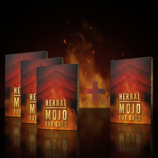Three Herbal Mojo product boxes plus one free box with a fiery flame design against a dark background