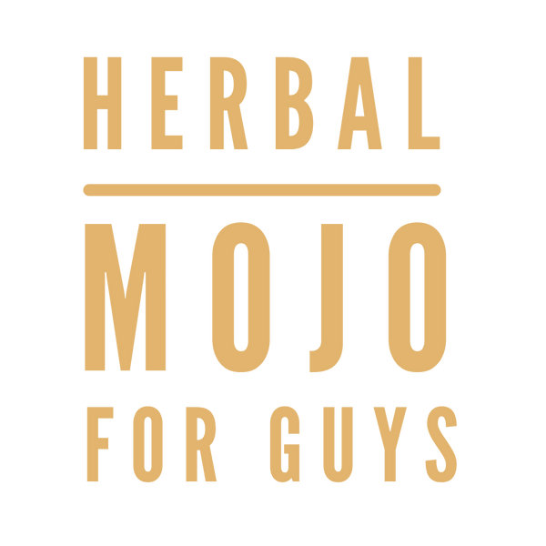Gold text 'HERBAL MOJO FOR GUYS' on a white background