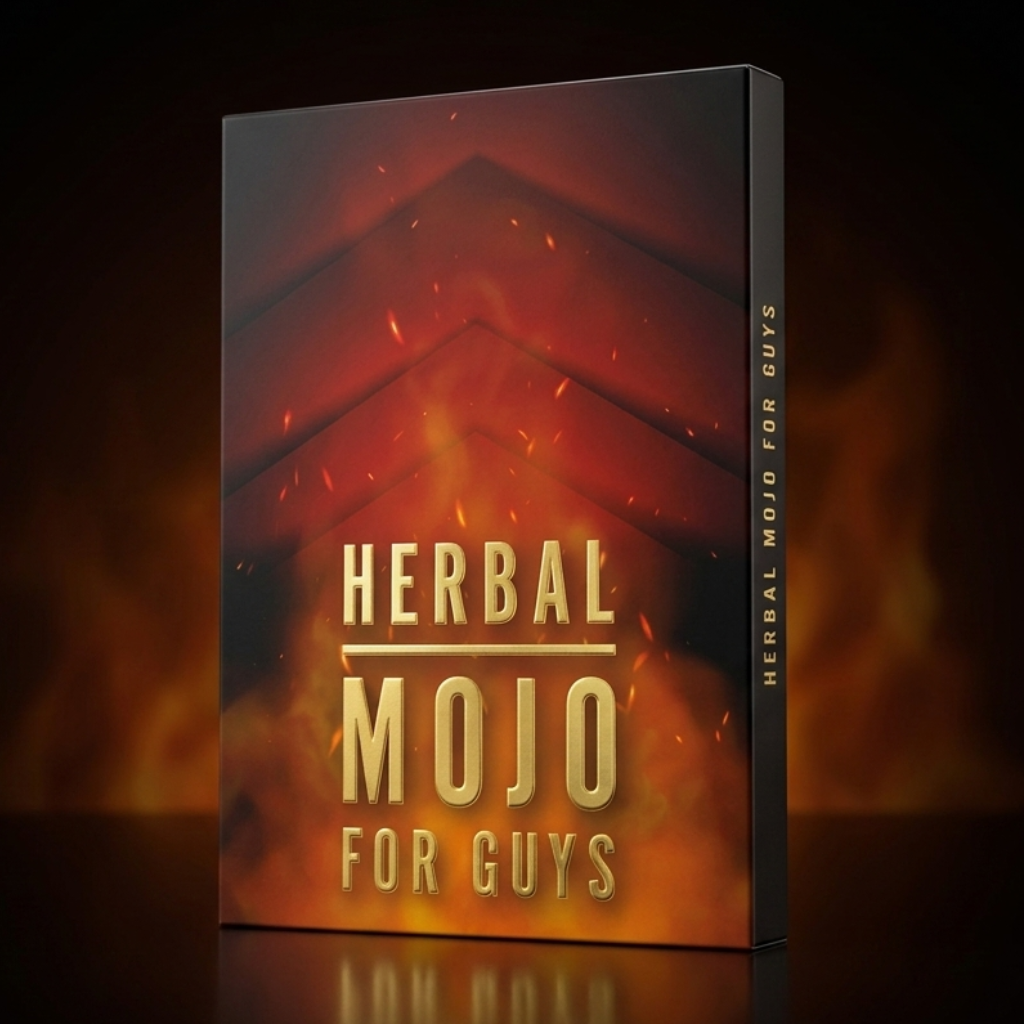 Herbal Mojo for Guys product box with a fiery flame design standing upright against a dark studio background