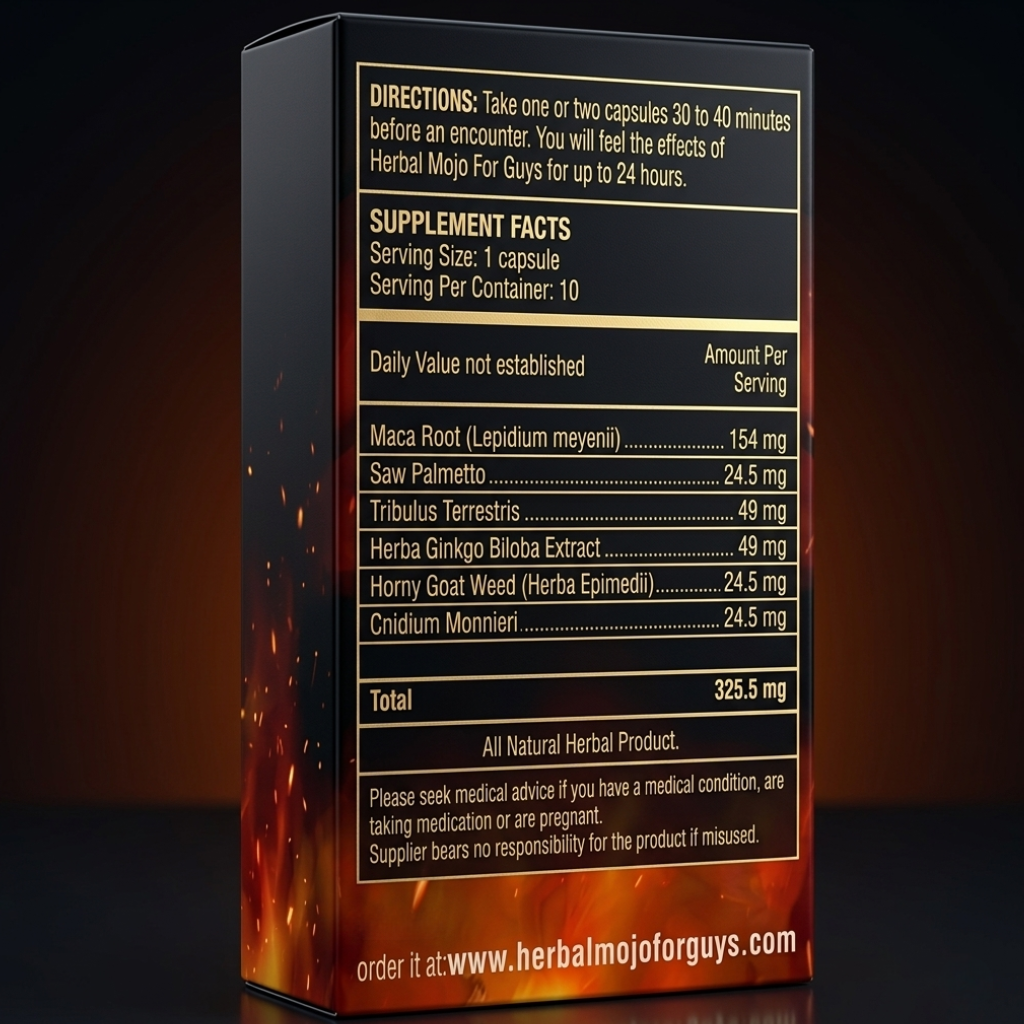 ack panel of the Herbal Mojo for Guys box showing directions, supplement facts, and the six herb ingredient list with a fiery flame design